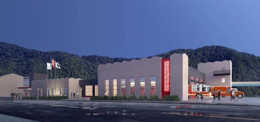 This conceptual rendering shows the exterior design of the new Wheeling Fire Department Headquarters, which is planned for construction at a site on 17th Street in East Wheeling. (M&G Architects and Engineers rendering)