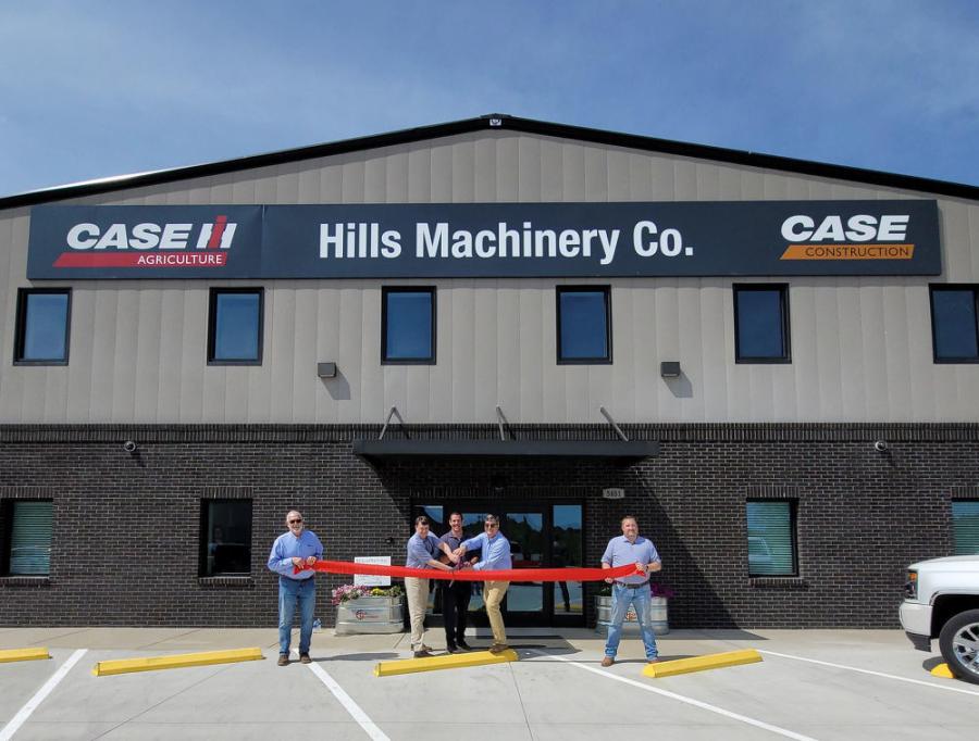 Cutting the ceremonial ribbon (L-R) are Gary Nations, operations manager; Adam Hills, executive vice president; Gary Gantzert, regional sales director at Case Construction Equipment; Jim Hills, president; and Kyle Fuglesten, chief operating officer.
(Photo courtesy of Hills Machinery)