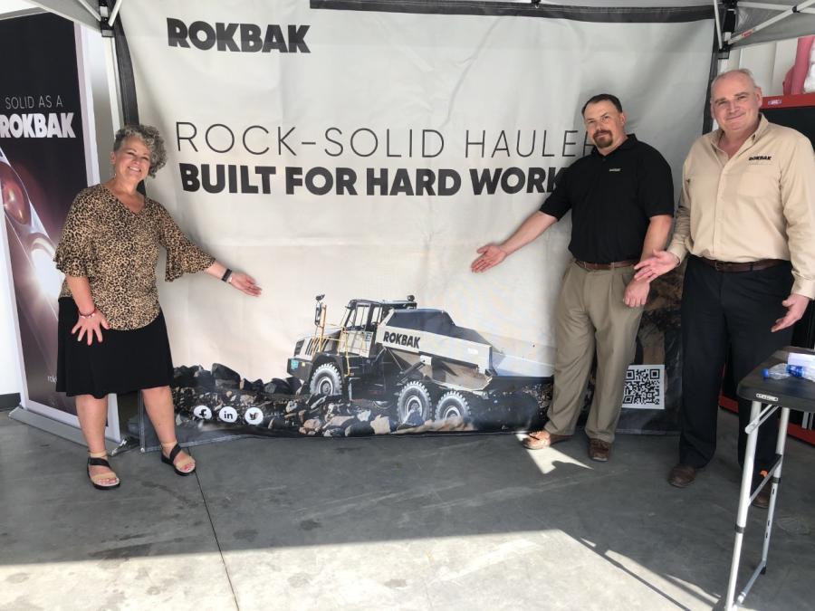 Hills Machinery sold all the Rokback trucks it ordered but expects more to be arriving soon. (L-R) are Lisa Slocum of Volvo; and Greg Pearsall and Guy Wilson, both of Rokbak.
(CEG photo)