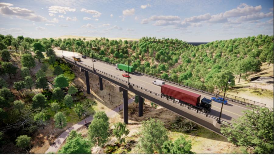 A rendering of the new Fern Hollow Bridge reflects the overall design concept but does not have full detail or shading. Certain aesthetic aspects are subject to change in final design and construction. (Courtesy of PennDOT)