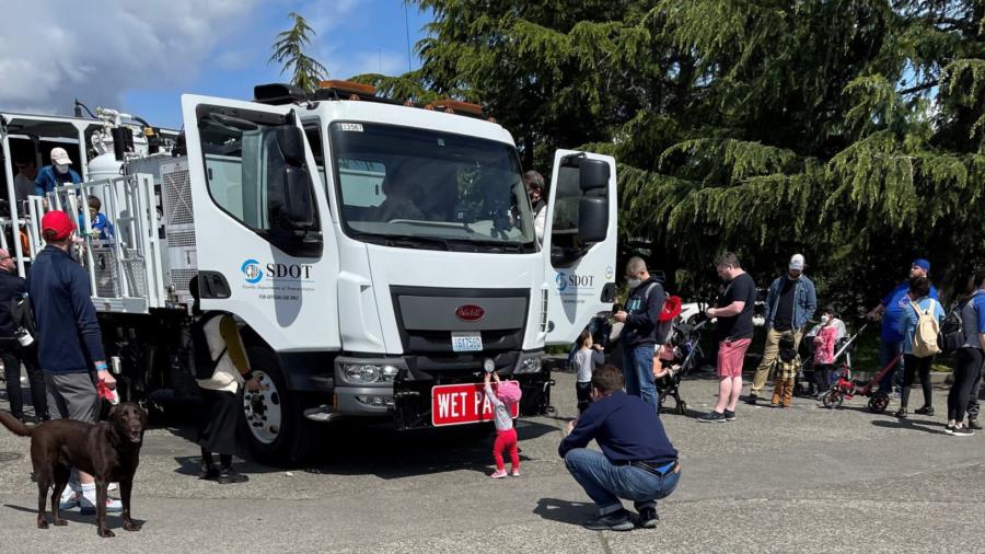 People were lined up to view the front of the SDOT paint truck while other attendees stepped into the driver’s seat and walked around on the truck.
(SDOT photo)