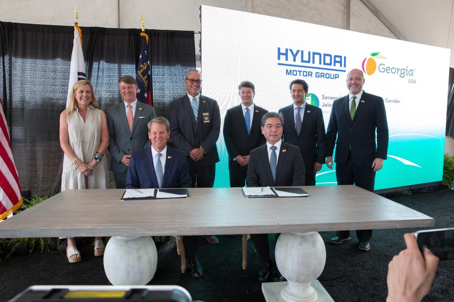 Hyundai Motor Group has entered into an agreement with the state of Georgia to build its first dedicated full electric vehicle and battery manufacturing facilities in the United States. Seated are Georgia Gov. Brian P. Kemp (L) and Hyundai Motor Company President and CEO Jaehoon Chang. (Hyundai photo)