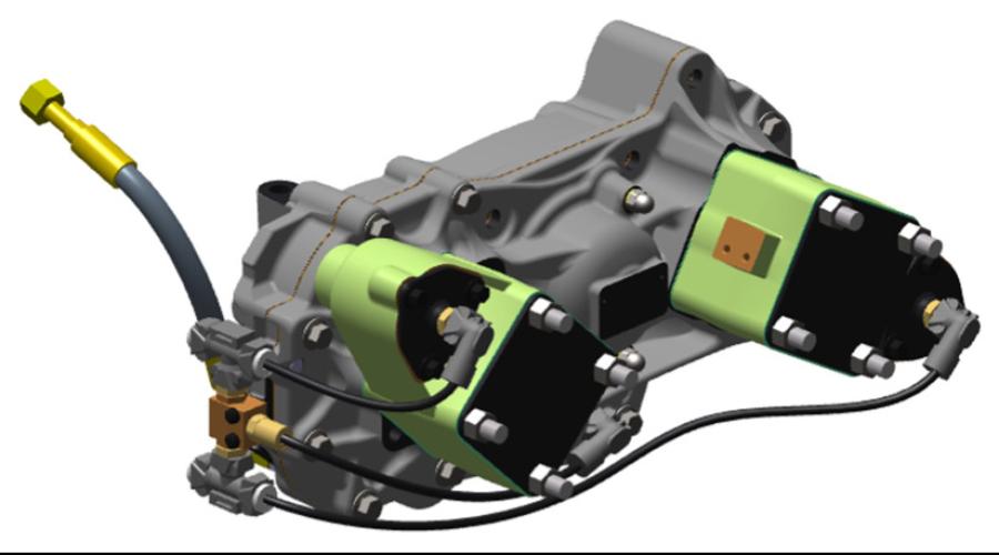 Volvo’s transmission PTO T4X-J2X (PTRD-D3), a transmission-mounted clutch dependent power take-off (PTO) with two independently clutched rearward facing DIN connections.