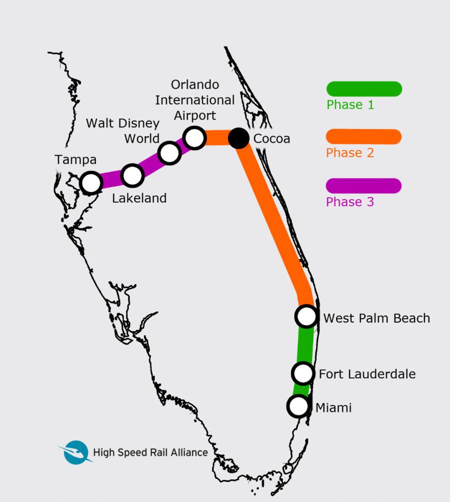 This Brightline map illustrates the three expansion phases of the line.