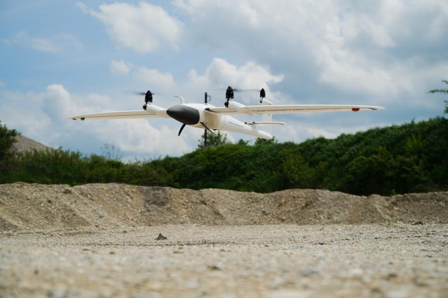 Quantum’s electric vertical take-off and landing (eVTOL) Trinity F90+ drone enables drone operation from almost anywhere, while its extended battery life allows operators to fly larger sites in a single sweep.  (Quantum photo)