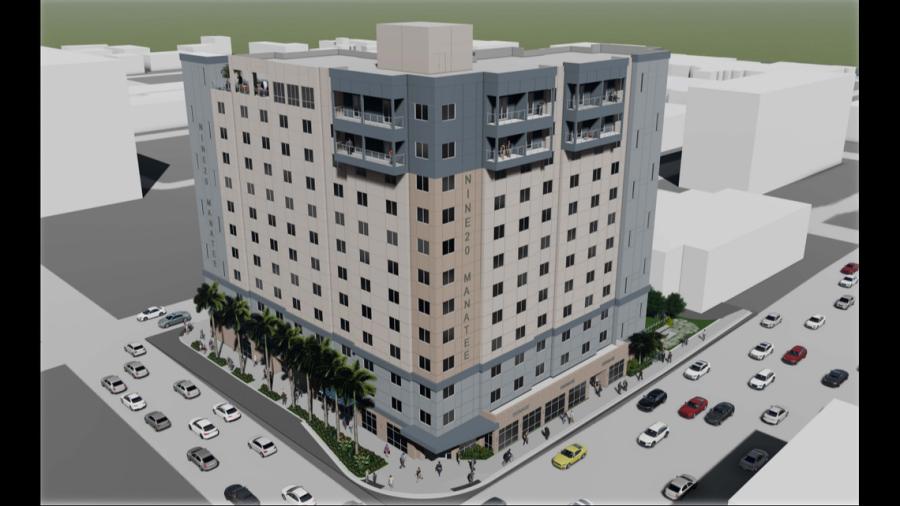 NDC Construction Company's Nine20 Manatee project in downtown Bradenton will now feature protruding balconies on the 11th and 12th floors, as well as a shade awning that covers the sidewalk on the ground floor. (NDC Construction Company rendering)