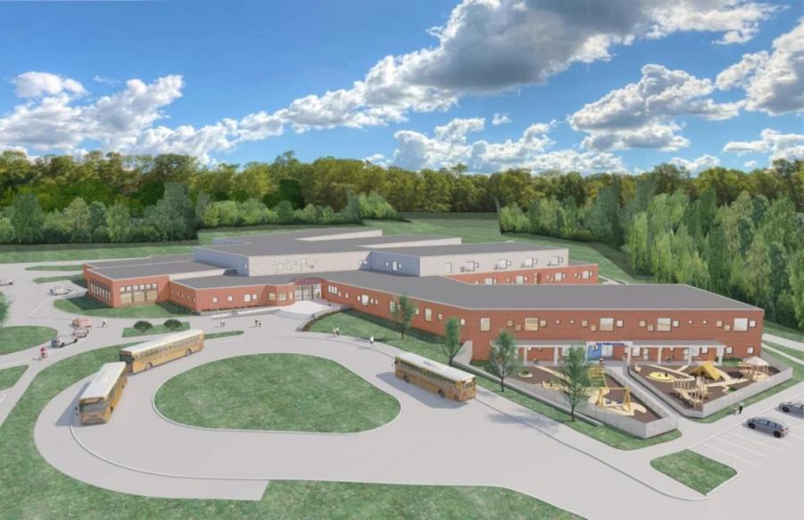 This architectural rendering is of the $75 million consolidated elementary school that’s planned for Skowhegan. The state will cover approximately 95 percent of the cost to build the school. (Stephen Blatt Architects image)