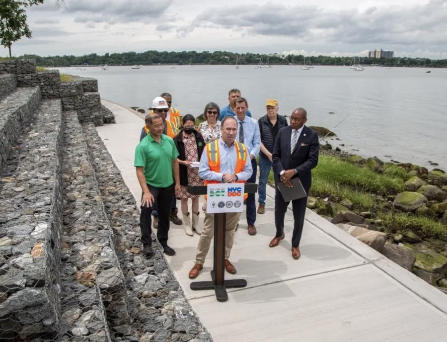 NYC DDC, DOT, elected officials and the Douglas Manor Association announced the completion of the $4.9 million project to stabilize Shore Road from West Drive to Bayview Avenue along the Little Neck Bay. (NYC Department of Design and Construction photo)