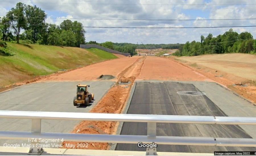 Looking west from the NC 66 bridge toward the U.S. 52 interchange, somewhat easy to tell where the U.S. 52 contract, delayed by 8 months, starts. (Images from Google Maps Street View, taken in May 2022 east to west along the Beltway corridor:
U.S. 31)1