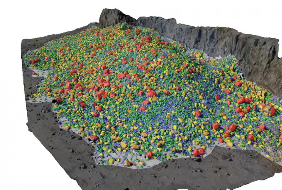 BMX Fragmenter automatically converts high resolution drone images into a highly accurate 3D rendition of the muckpile with color-coded delineation of gradation.