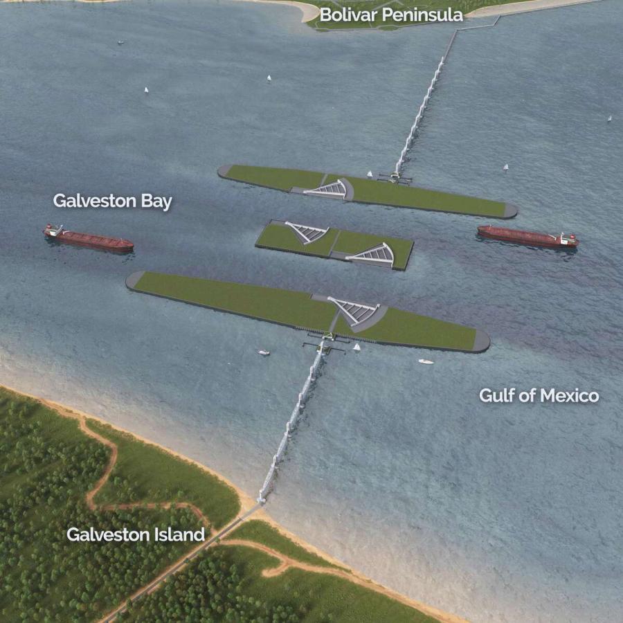 The Ike Dike gate project alone would account for at least $16 billion and require 18 years to build, according to U.S. Army Corps of Engineers estimates. The gates would span a nearly 2-mi. gap from the island to Bolivar Peninsula. (U.S. Army Corps of Engineers photo)