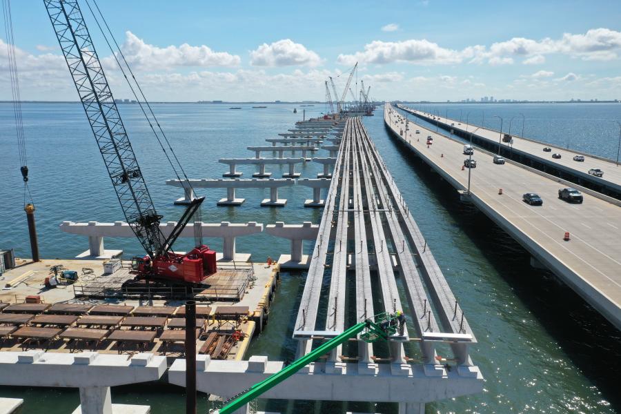 “The lengths of the piles are almost impossible to predict,” said Bill Jeffries, project administrator, HFB Replacement. “For example, we have had a pile in a footing achieve capacity at 72 feet, and the pile next to it, six feet away, did not achieve capacity until 220 feet.” (Florida DOT photo)