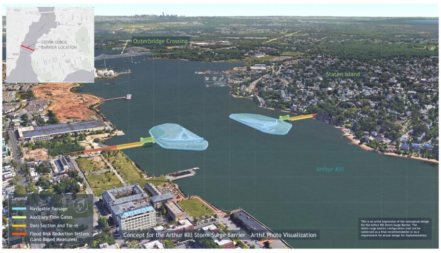A conceptual rendering of the Arthur Kill Storm Surge Barrier, from the new HATS report. (Image courtesy of the U.S. Army Corps of Engineers.)