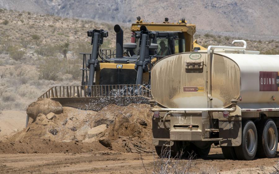 Crews utilized a Cat D10 bulldozer on the U.S. 395 job. Quinn Company, a Southern California Cat dealer, was a major equipment supplier on the job completed by Fisher Sand & Gravel. (Photo courtesy of Caltrans)