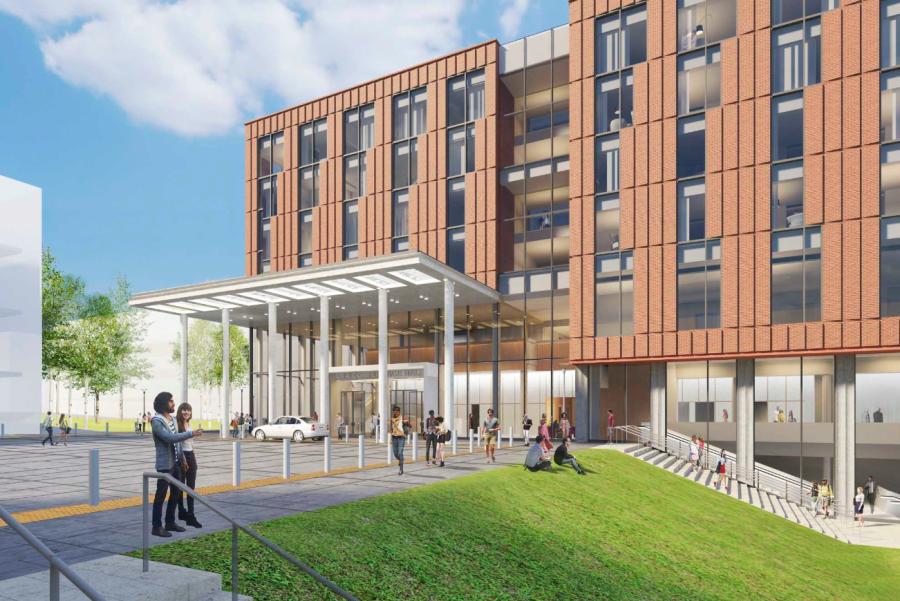 A rendering of a proposed hotel and conference center, which will be located southwest of the existing Emmet/Ivy parking garage. (Illustration courtesy of Deborah Berke Partners, Hanbury Architects and the Office of the Architect)