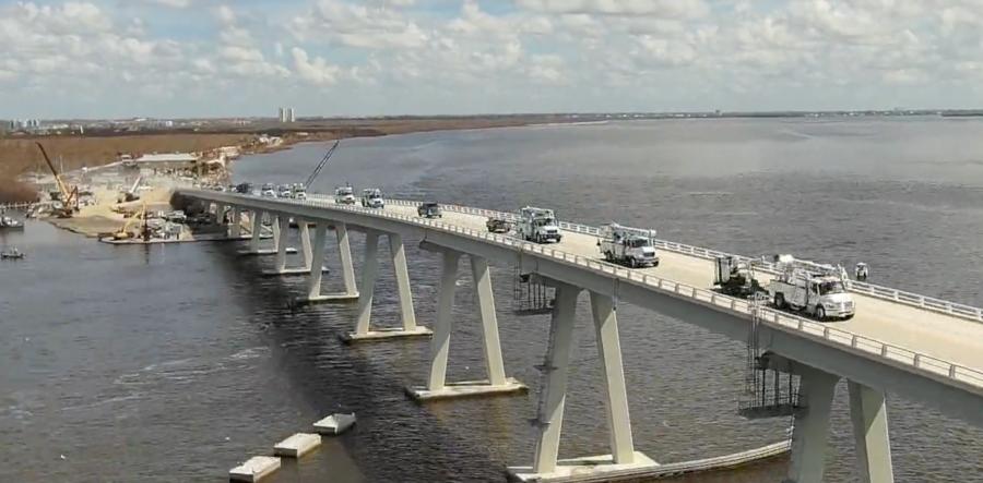 The Sanibel Causeway has been temporarily fixed, enabling a convoy of more than 350 trucks and trailers to bring help to the storm-battered barrier island. (Photo courtesy of Gov. Ron Desantis Twitter page)