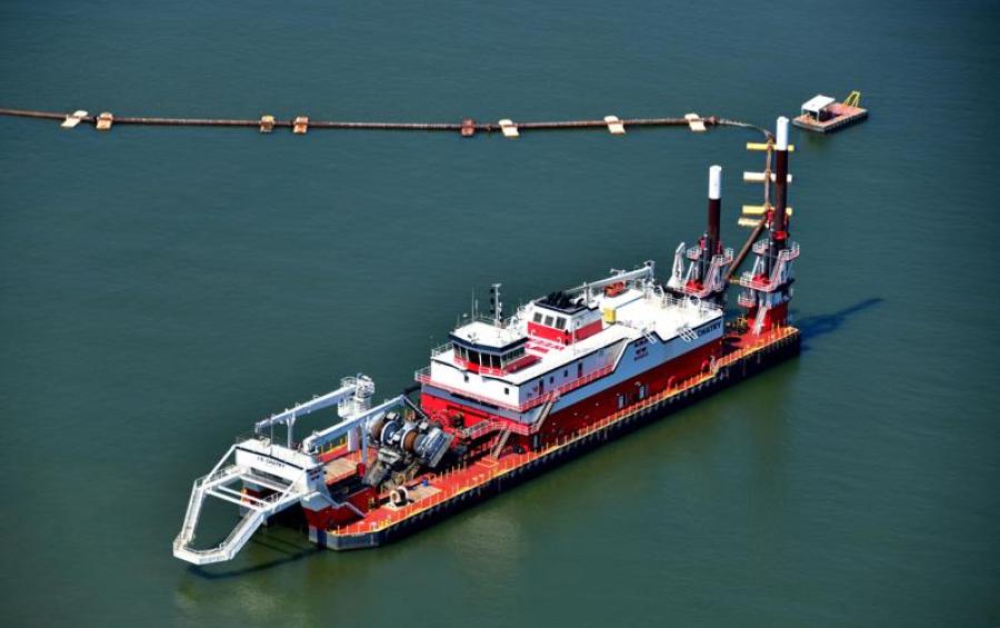 Weeks Marine's JS Chatry dredge is mining sediment from the bottom of the Mississippi River to build an underwater level to block the upstream flow of saltwater. (Photo courtesy of Weeks Marine Inc.)