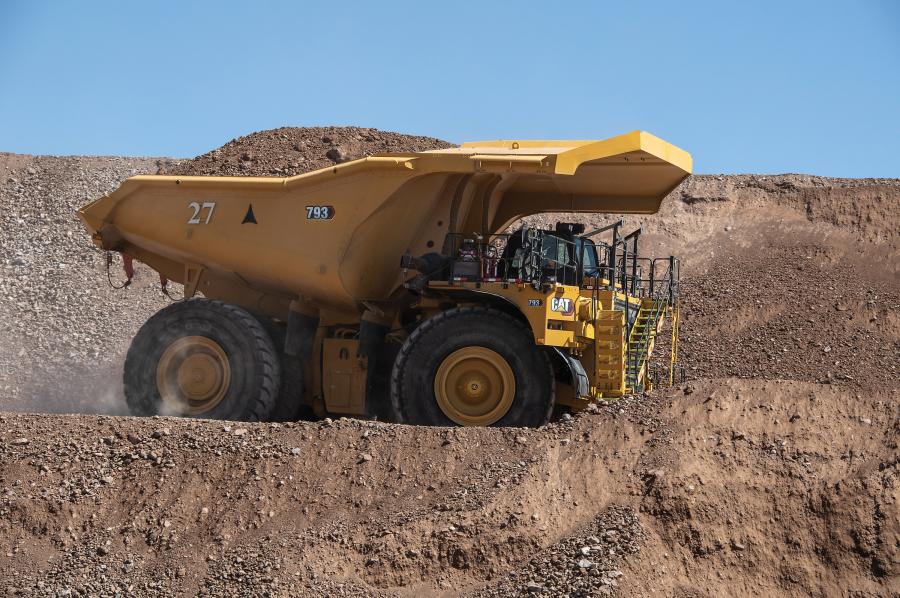 The Cat 793 travels at a speed of 8 mph on 10 percent grades and can navigate a maximum 25 percent grade fully loaded.