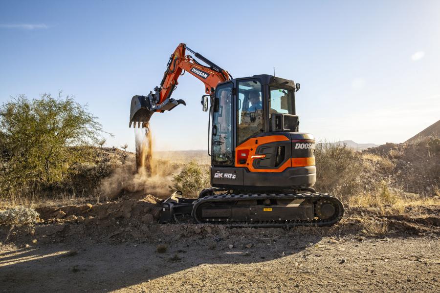 Standard attachments for the DX50Z-7 mini excavator include a bucket, quick coupler and thumb.