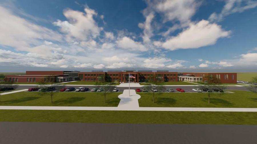The new Louis L. Redding Middle School will be built directly in front of the exiting building. This is the view facing the front entrance. (Rendering courtesy of the Appoquinimink School District)