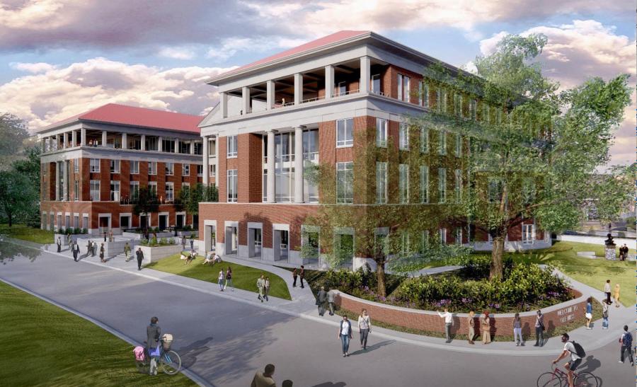 The new home for the Patterson School of Accountancy is slated for the corner of University Avenue and Grove Loop. The four-story facility will feature 100,000 sq. ft. of tiered auditoriums and classrooms, study areas, conference rooms, administrative and faculty office suites, and outdoor balconies and terraces. (Photo courtesy of Ole Miss)
