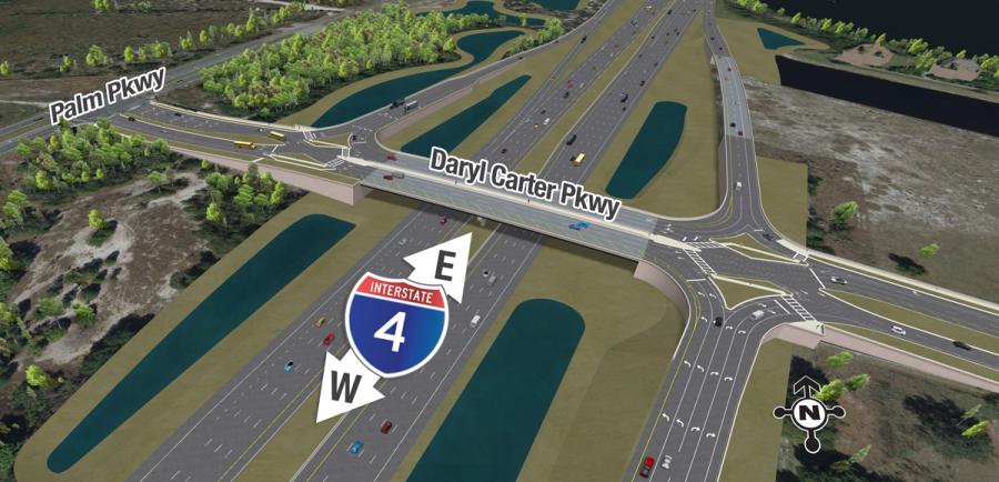 Superior will work with FDOT on a design-build project for Interstate 4 at Daryl Carter Parkway Interchange, which is part of the agency’s Building a Better I-4 initiative. (FDOT rendering)