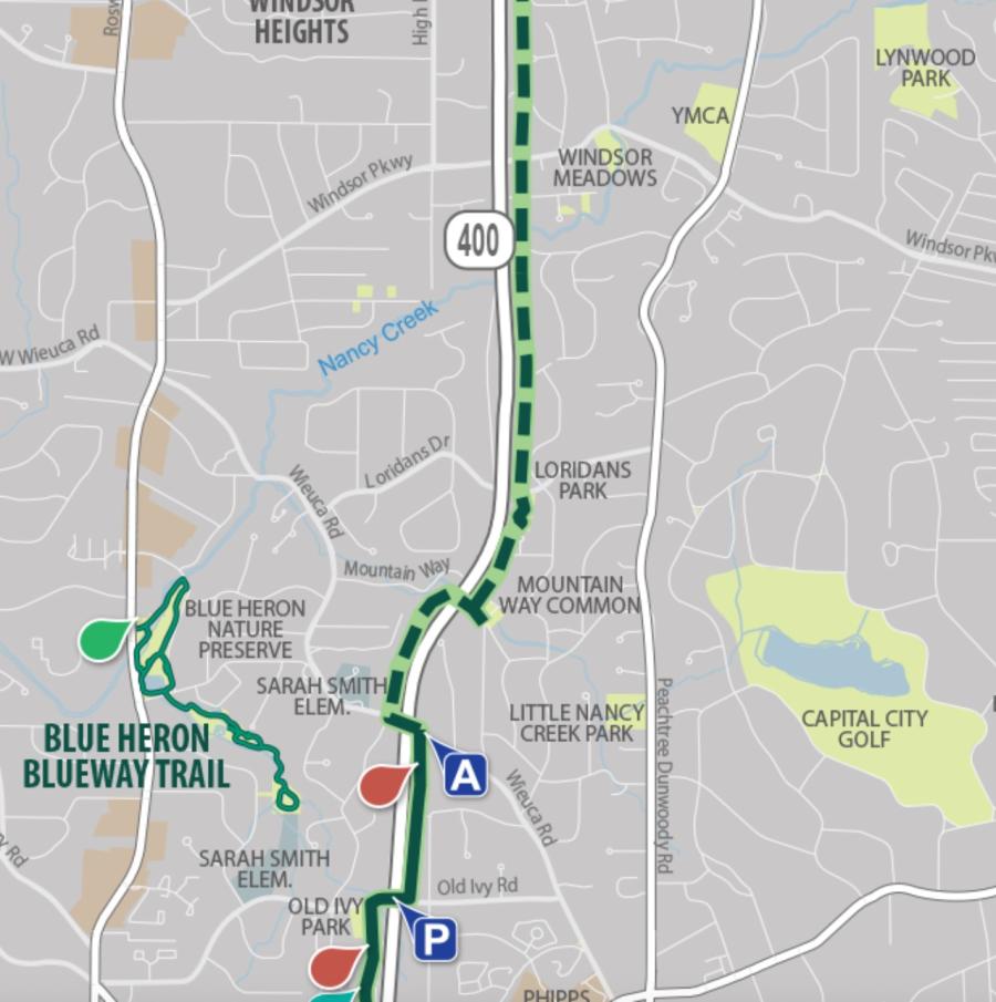 Construction has started on the last major segment of PATH400 from Wieuca Road to Loridans Park in Buckhead. Further north, the route is planned to extend into Sandy Springs. (PATH400/Livable Buckhead map)
