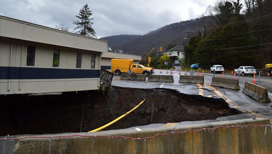 In June, a sinkhole about 6-ft.-wide and 30-ft.-deep feet deep opened on W. Va. 20 next to the Hinton police station. WVDOH Chief Engineer of District Operations Joe Pack said a 90-year-old drain under the road began failing, leading to the collapse. (Photo courtesy of West Virginia Department of Transportation)