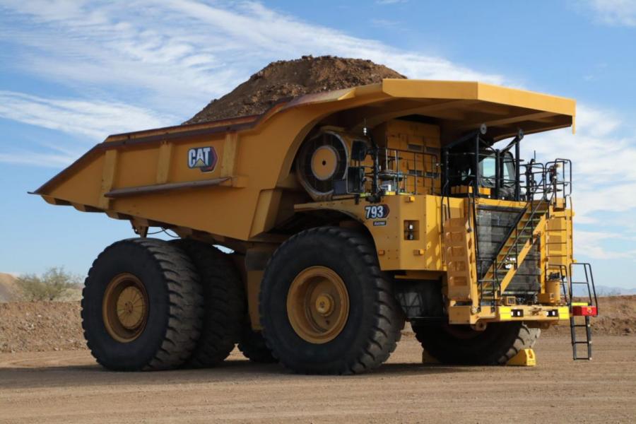 Caterpillar's first battery electric 793 large mining truck demonstrated at the company's Tucson Proving Ground.