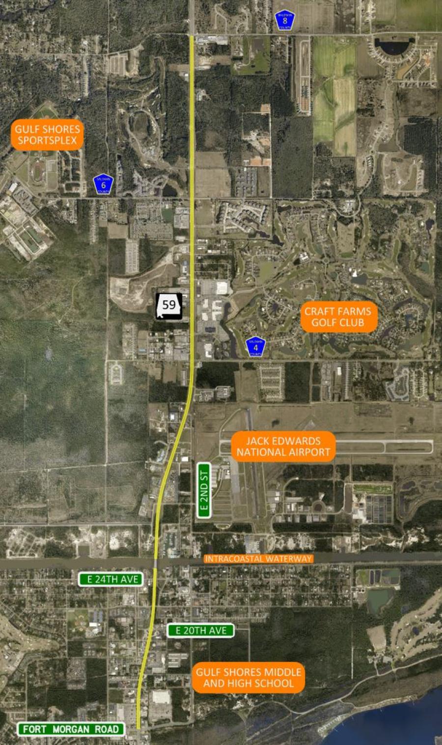 New Third Southbound Lane from Coastal Gateway Boulevard  to Fort Morgan Road (Hwy 180). (Map courtesy of City of Gulf Shores Alabama website)