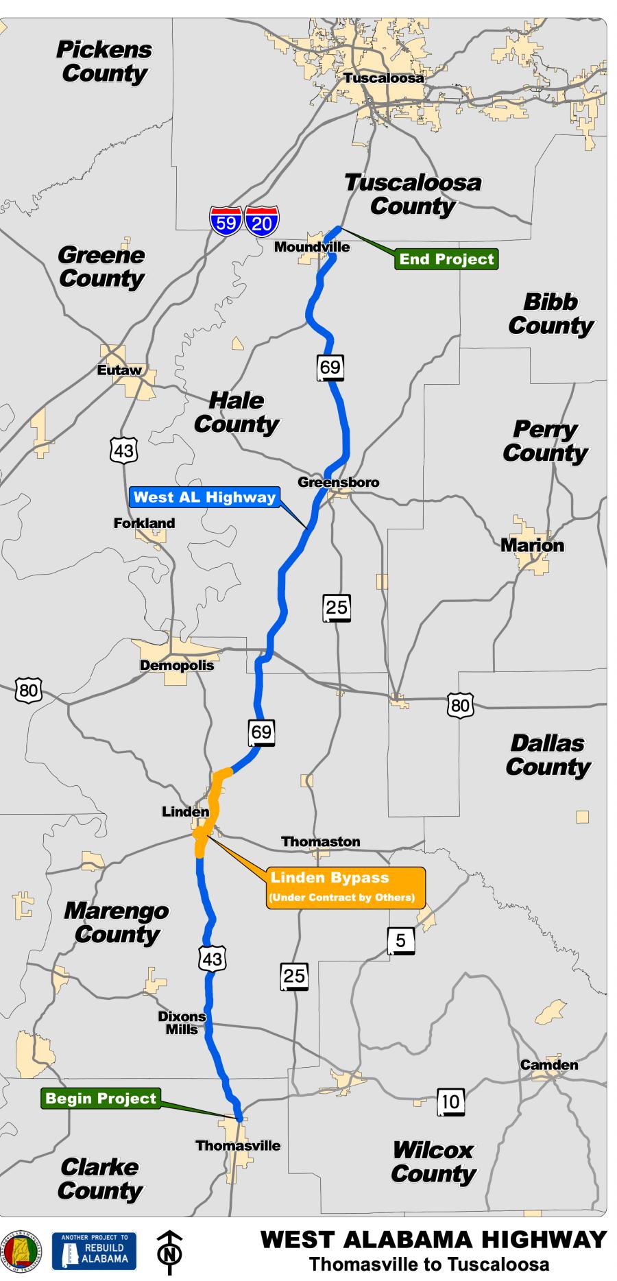 The West Alabama Highway Project will construct a 4-lane highway from Thomasville to Tuscaloosa. (Map courtesy of ALDOT)