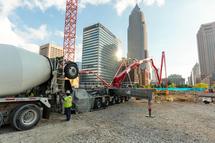 The mechanical arms of the concrete trucks had to be anchored to the ground to ensure stability as they were emptied.
(The Sherwin-Williams Company photo)