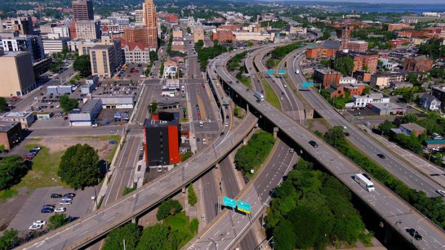 An aerial view of Interstates 81 and 690 in Syracuse. (Photo courtesy of Syracuse.com)