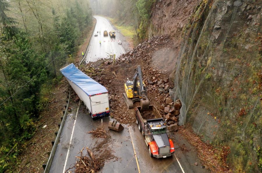 Big River Construction and scaling company Triptych were tapped to make emergency repairs to a landslide that occurred on U.S. 30 on Nov. 27 that saw 10 truckloads of rock and mud dumped on the highway, approximately 20 mi. east of Astoria.
(Photo courtesy of Oregon Department of Transportation)