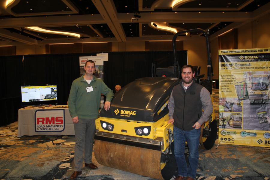 Road Machinery & Supplies Co.’s Joe Moran (L), territory manager, and Vince Kasper, territory manager, Savage, Minn., explained the benefits of the Bomag BW 120-SL-5 light tandem roller. The BW 120-SL-5 is good for soil compaction and asphalt patching; footpaths and repair work; and finishing work in road construction.
(CEG photo) 