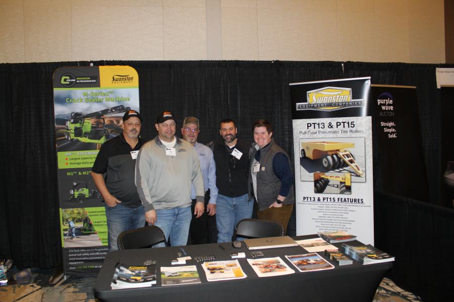 The crew of Swanston Equipment based in Fargo, N.D., was ready to share information on their equipment offerings. (L-R) are Bryan Coons, heavy sales; Brock Leagjeld, heavy sales; Dean Krueger, Swanston’s Etnyre representative; Shawn Suess, heavy sales; and Molly Swanston, owner.
(CEG photo) 