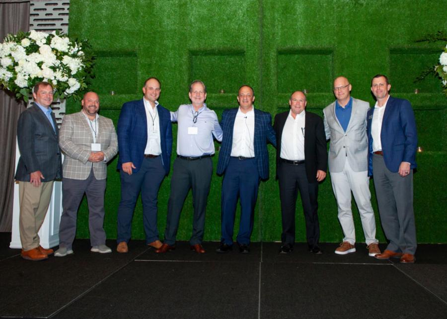 (L-R): Tim Merritt, director of sales, John Deere; Tim Holmes, district general manager, Doggett Heavy Machinery; Derek Paternostro, vice president of operations, Doggett Machinery; Brad Penick,district general manager, Doggett Heavy Machinery; Domenic Ruccolo, senior vice president of global sales and marketing, John Deere; Mike Ortiz, executive vice president, Doggett Heavy Machinery, Doggett Machinery; Ryan Campbell, construction division president, John Deere; and Jason Daly senior vice president of global sales and marketing, John Deere.
(Photo courtesy of Doggett.)