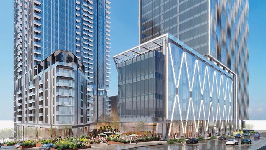 Revised plans for Midtown Exchange's Peachtree Walk (L) and 12th Street frontage presented to Midtown DRC in May. (Rendering courtesy of Selig Development; designs, RJTR, via Midtown Alliance)