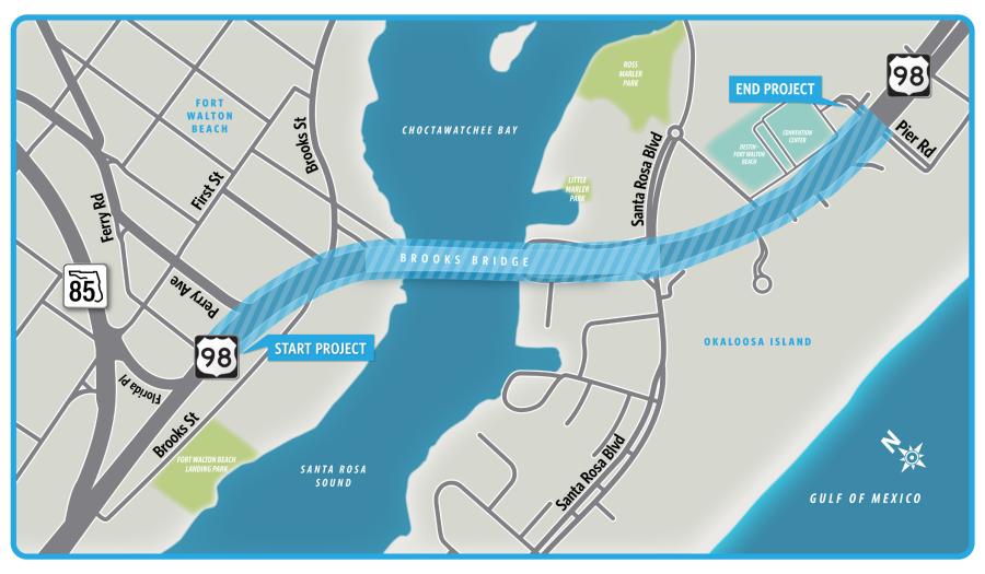 FDOT plans to replace the four-lane bridge on U.S. Highway 98 that opened in 1966 with a new six-lane structure across Santa Rosa Sound to the barrier island. (Map courtesy of Florida Department of Transportation)