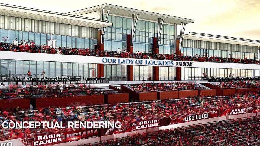 Constructed in 1971, Cajun Field — now to be known as Cajun Field at Our Lady of Lourdes Stadium — due to a $15 million donation over 15 years, will soon receive the first major renovations in its 50-year existence that will ultimately change the way the complex feels for generations to come. (Rendering courtesy of Developing Lafayette via University of Louisiana)
