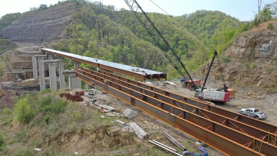 At 324 ft., the twin-span Pond Creek Bridge stands higher than the Statue of Liberty, with workers ever mindful of the steep slopes and county road below.
(Kentucky Transportation Cabinet photo)