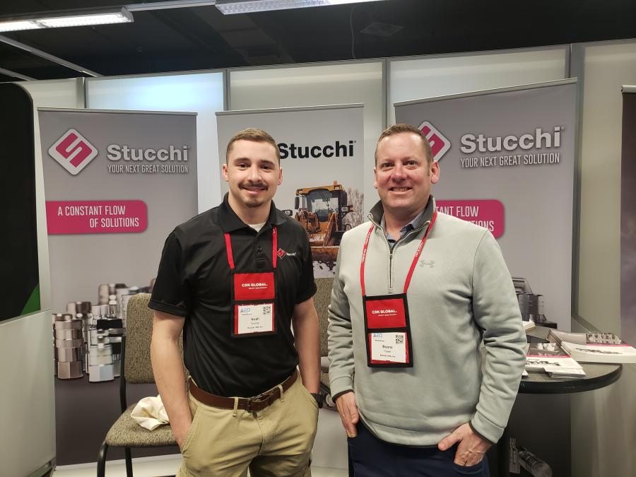 Noah Ferchen (L) and Boone Powell display Stucchi USA Inc.’s hydraulic quick couplings.
(CEG photo)
