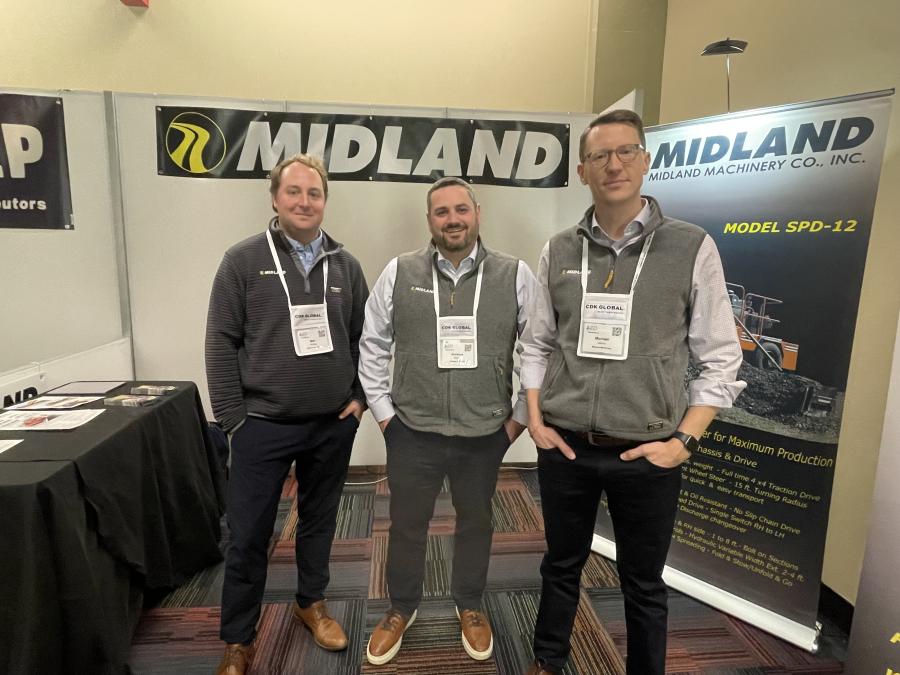 Midland Machinery Co. Inc.’s new ownership team was introduced at AED. (L-R) are Ben Whiting, partner; Aurelius Chaves, CEO and owner; and Michael Ulbrich, managing partner. 
(CEG photo)