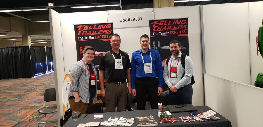 Felling Trailers of Sauk Centre, Minn., had one of its Midwest dealers, Swanston Equipment, stop by the booth. Swanston Equipment is in Fargo, N.D. (L-R) are Molly Swanston, owner of Swanston Equipment; Joel Lindmeyer, Great Lakes sales manager of Felling Trailers; Nathan Uphus, sales manager, Felling Trailers; and Shawn Suess, sales, Swanston Equipment. 
(CEG photo)