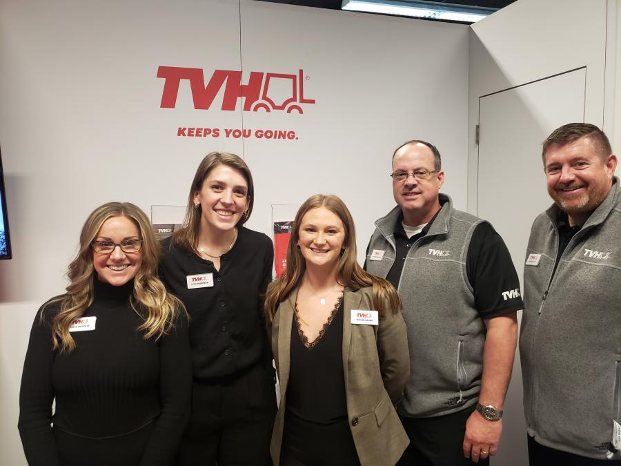 (L-R) are TVH Parts Co.’s Paige McPeake, Lexi Anderson, Megan Brune, Spencer Curtis and Dan Harman. TVH is based in Oletha, Kan., and sells aftermarket parts. 
(CEG photo)