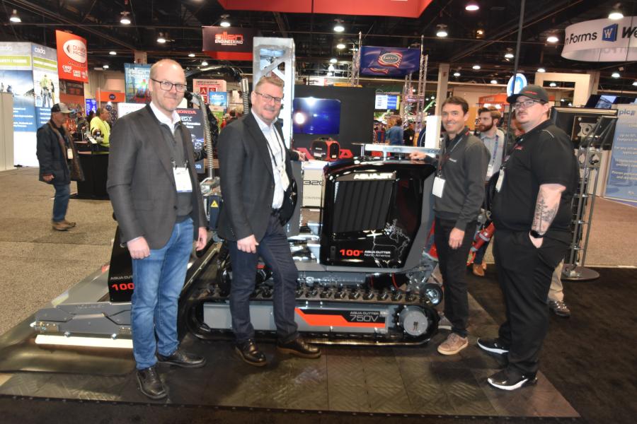 AquaJet, a manufacturer of innovative hydrodemolition technology, was represented at WOC (L-R) by Bjarne Axelsson, Roger Simonsson, Keith Armishaw and James Brown. They are pictured with AquaJet’s Aqua Cutter 750V hydrodemolition robot.
(CEG photo)
