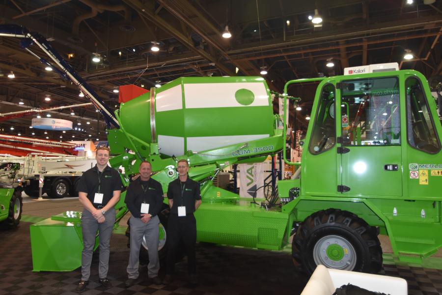 (L-R): Austin Bailey, national sales manager of Merlo USA; Scott Bunting, regional sales manager of Applied Machinery Sales/ Merlo USA (AMS); and Brian Hatch of AMS, showcase the benefits of the CBM 3500 self-contained mini-compact mixer and why it is ideal for smaller compact job sites.
(CEG photo)