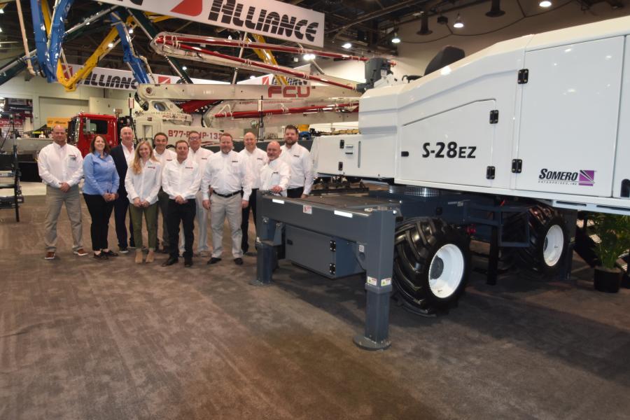 The Somero team is ready to talk about the new release of the Somero S28EZ, billed as the largest screed on the market today. (L-R) are Scott 
Luman, Janet Sauvola, T.R. Kunesh, Katherine Thayer, Andrew Howard, Bob Maloney, Shawn O’Connor, Lance Holbrook, Jesse Aho, Chad Carlson and Jared Fisher.
(CEG photo)