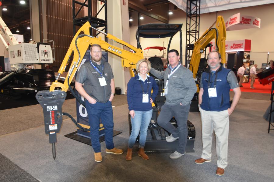 (L-R): Charles Baldwin, Jenny Smith Price, Bart Dehaven and Doug Hacker of Kato Compact Equipment Sales, supplier of mini-excavators, track loaders and crawler carriers, were at World of Concrete with some of the company’s machines.
(CEG photo)