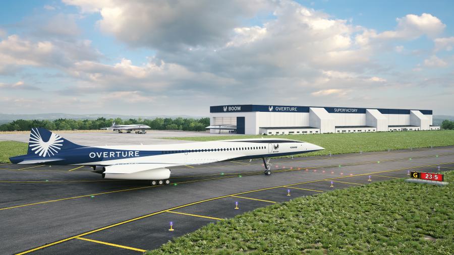 The Overture Superfactory in Greensboro will house the final assembly line, as well as test facility and customer delivery center, for Boom's flagship Overture supersonic passenger plane. (Rendering courtesy of Boom Supersonic)